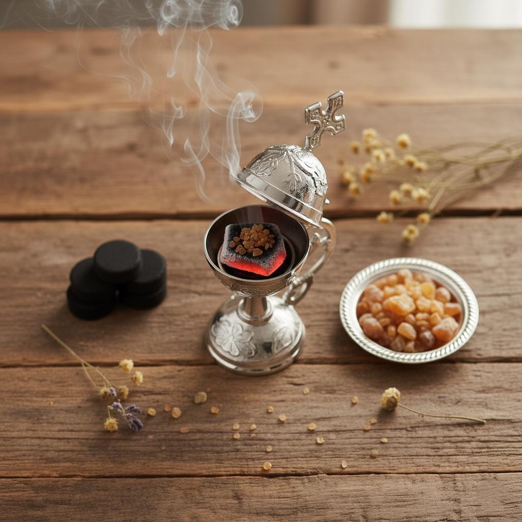 Orthodox Prayer Set: 5.5 in × 3.1 inch gold metal censer, 50 grams of incense, 6 charcoal tablets.