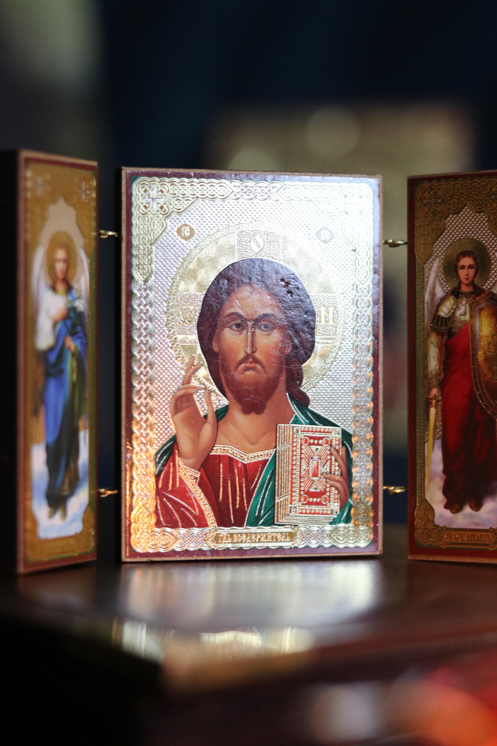 Wooden Orthodox Triptych Icon 3.5in, Jesus Christ Pantocrator, Folding Travel Icon