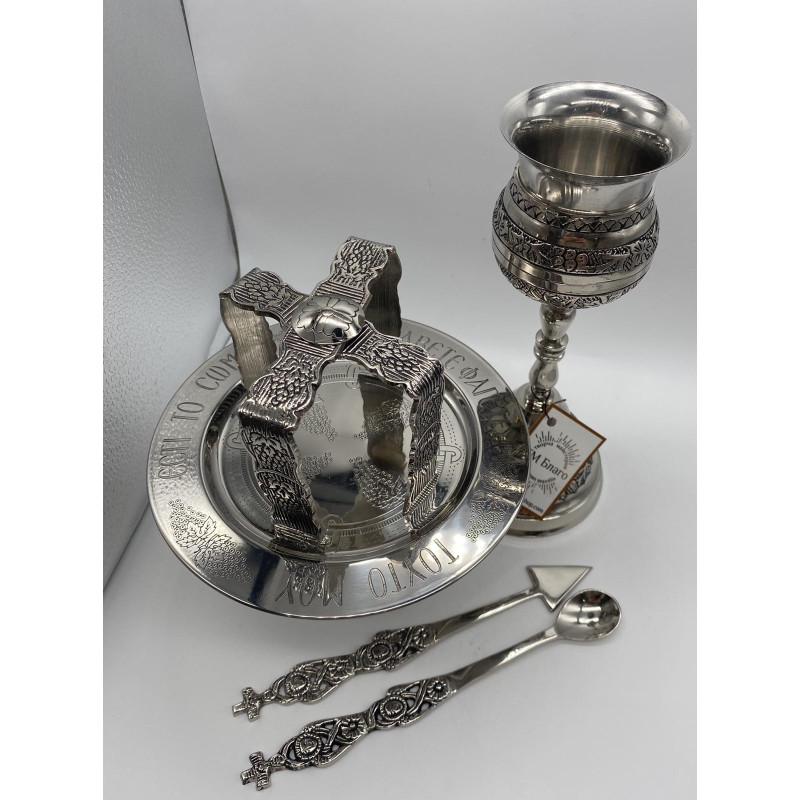 Nickel Eucharist Set 100ml Chalice Diskos Set, Orthodox Communion Set, Spoon Spear Set, Church Altar Set, Liturgical Vessels