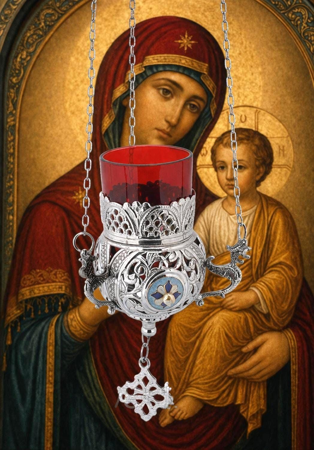 Brass Hanging Candle Holder Enamel Orthodox Lamp 4.3in Decor