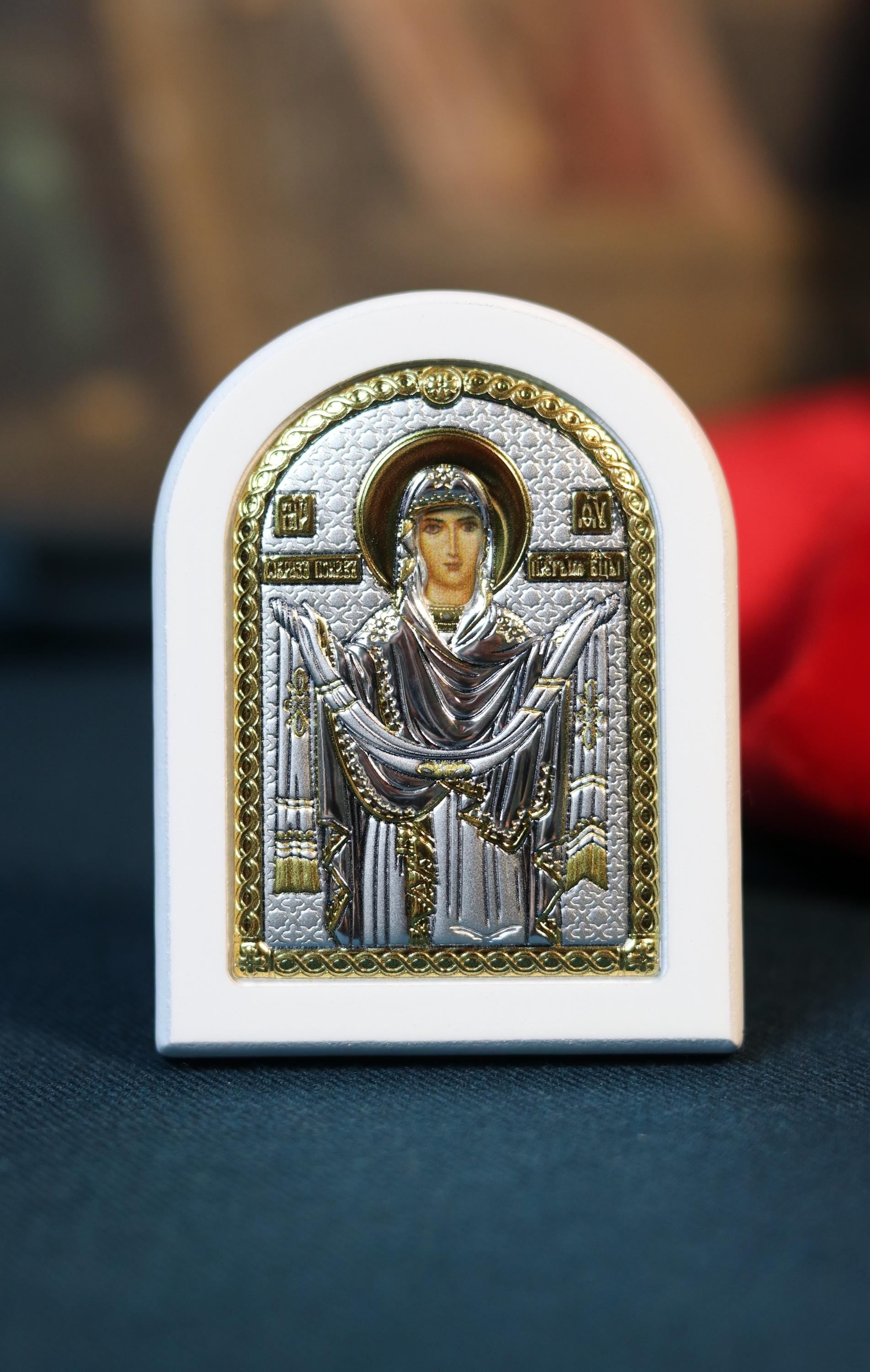 Orthodox Icon Virgin Mary Pokrov 2.36"x2.95" | Silver 925 Gold Gilded | Small Arch Religious Icon | Blessed in Church | Christian Gift