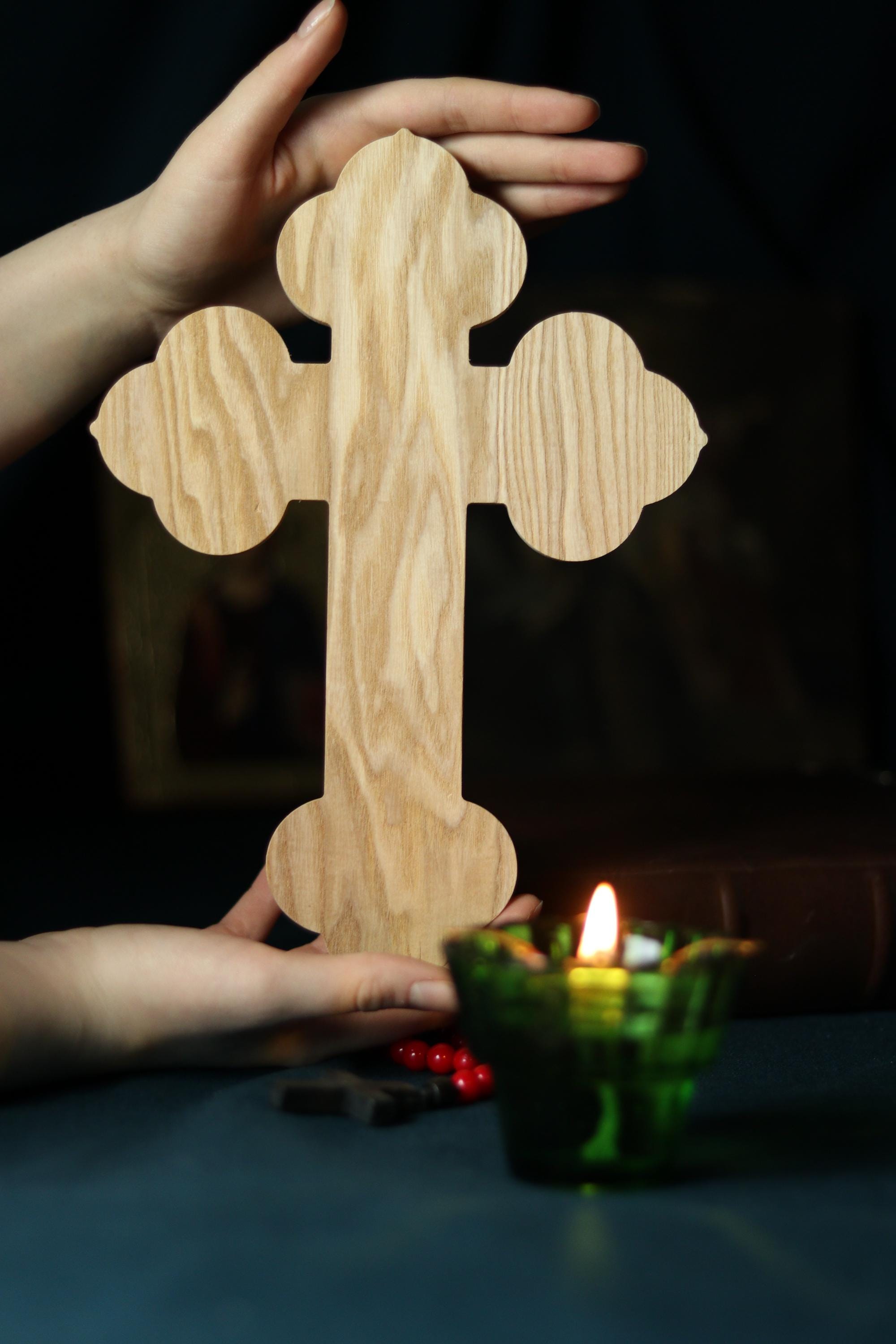 Wooden Orthodox Crucifix 11.8in, Beech Wood Cross, Cross of Lord Jesus Christ
