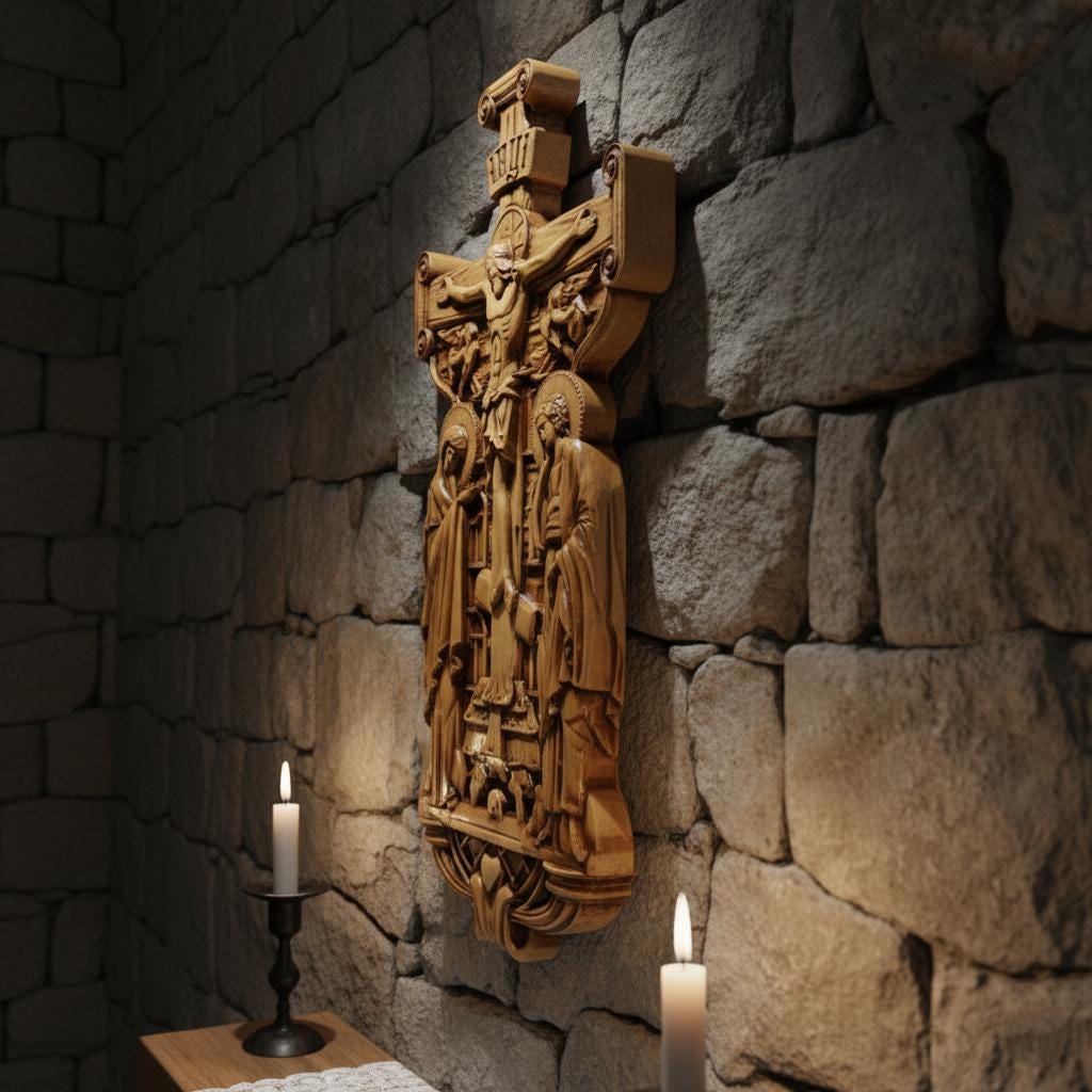 Wooden Wall Golgotha Cross 14x7.5x0.8 in, Hand Carved Beech Crucifix, Orthodox Cross, Christian Home Decor, Religious Gift, Church Icon