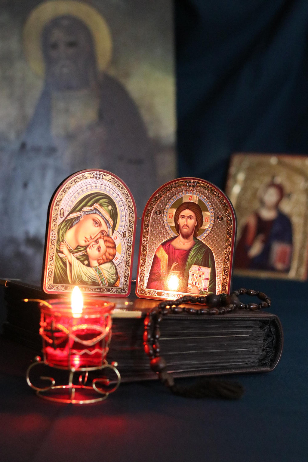 Wooden Folding Icon 4.3in, Orthodox Diptych, Virgin Mary Icon, Jesus Christ Icon, Christian Gift, Prayer Corner Decor