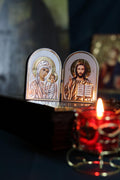 Wooden Orthodox Folding Icon 3.1in, Travel Diptych, Virgin Mary And Jesus Christ, Pocket Icon