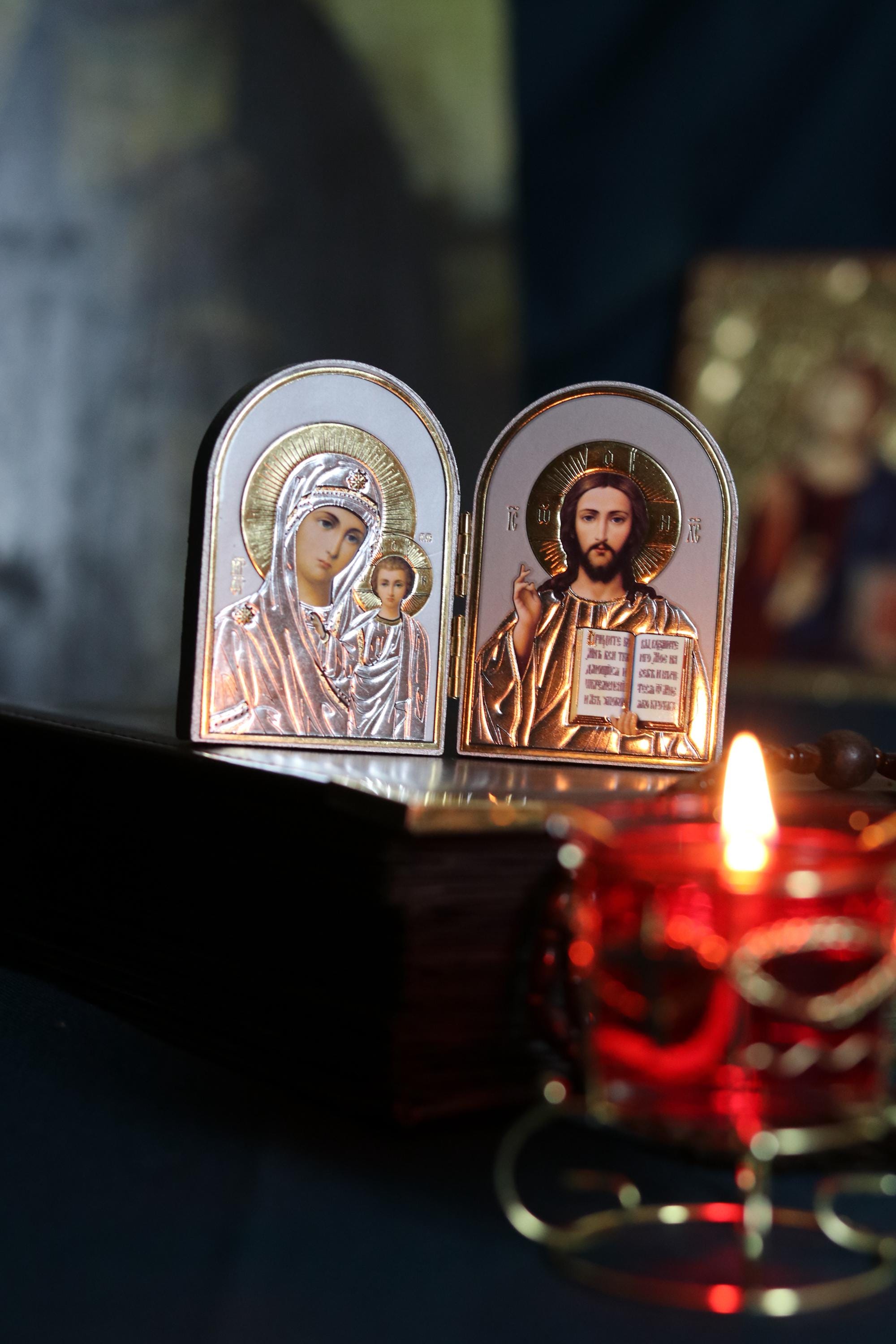 Wooden Orthodox Folding Icon 3.1in, Travel Diptych, Virgin Mary And Jesus Christ, Pocket Icon