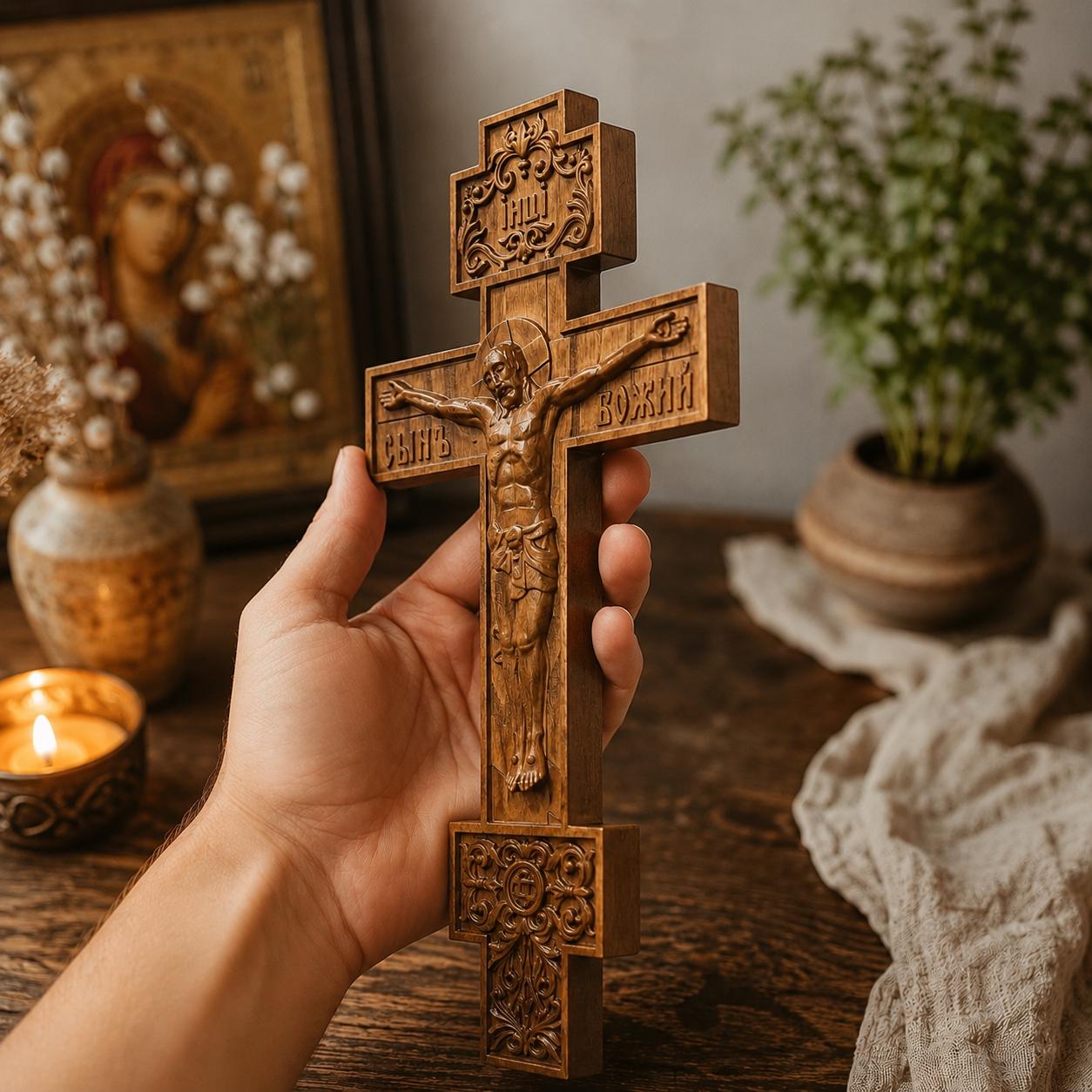 Orthodox Wooden Crucifix, Beech Wood Wall Cross with Jesus Christ, Handmade Christian Cross