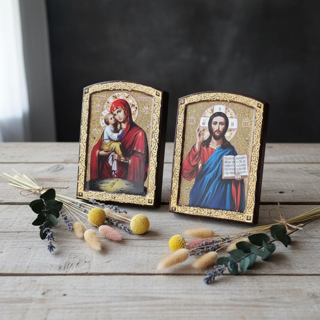 Wood Icons Pair 7.8x6.1 in, Ash Veneer, Orthodox Icons, Wedding Icons, Christian Decor.