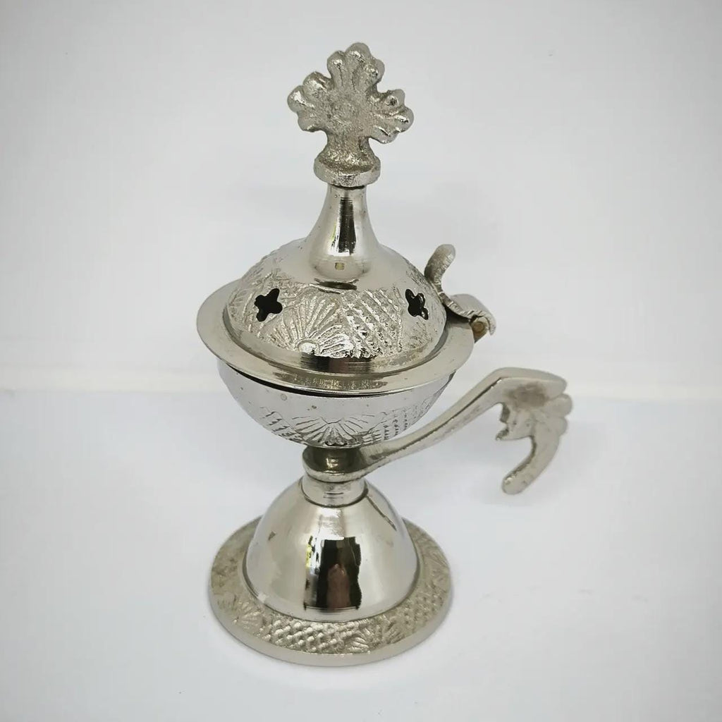 Small Silver Incense Burner 4.3in Set – Greek Orthodox Censer, 50g Greek Incense, 24mm Charcoal Tablets.