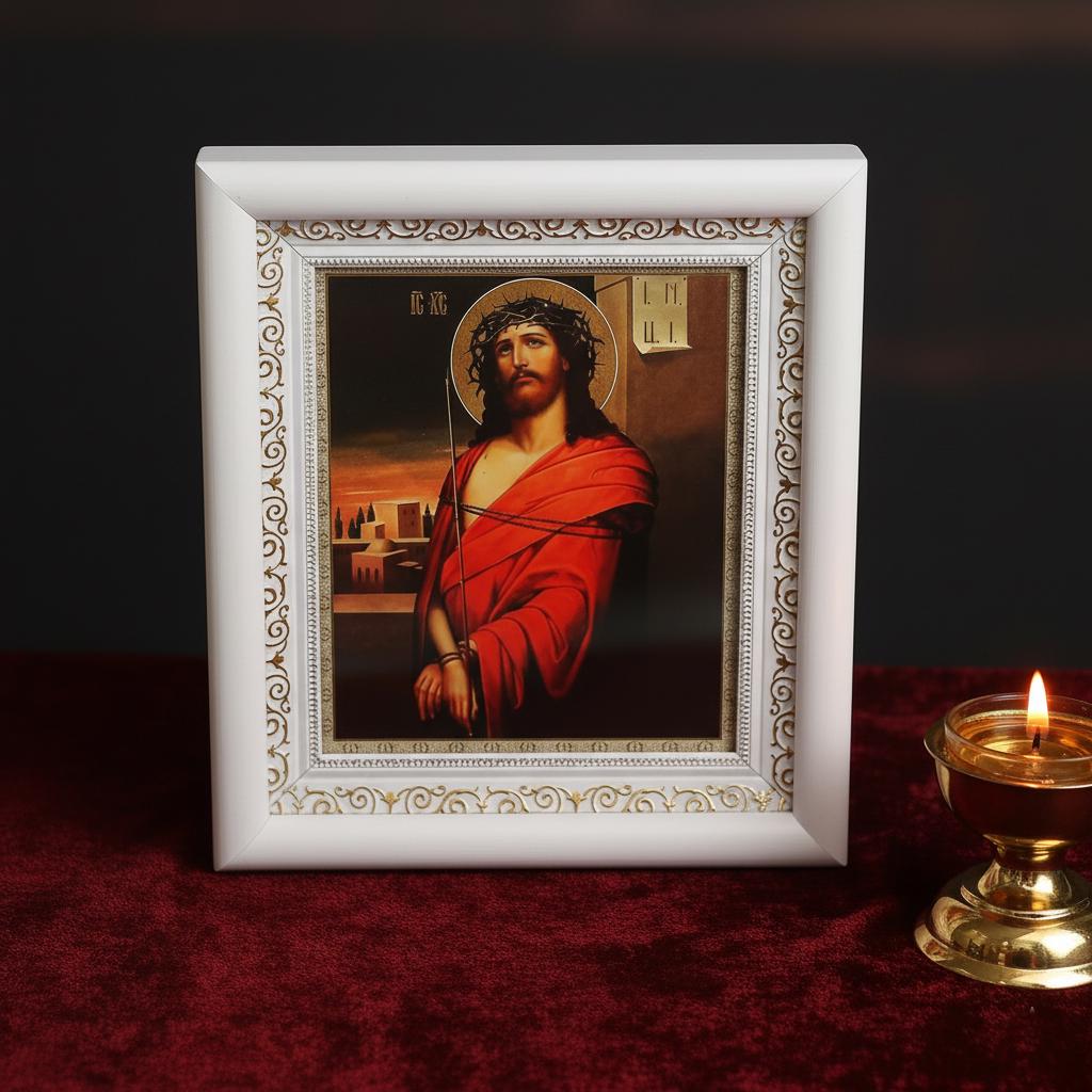 Orthodox Icon Jesus Christ 15x18 cm in White Wooden Kiot 21x24 cm, Hanging Icon, Orthodox Christian Gift, Icon in a Frame