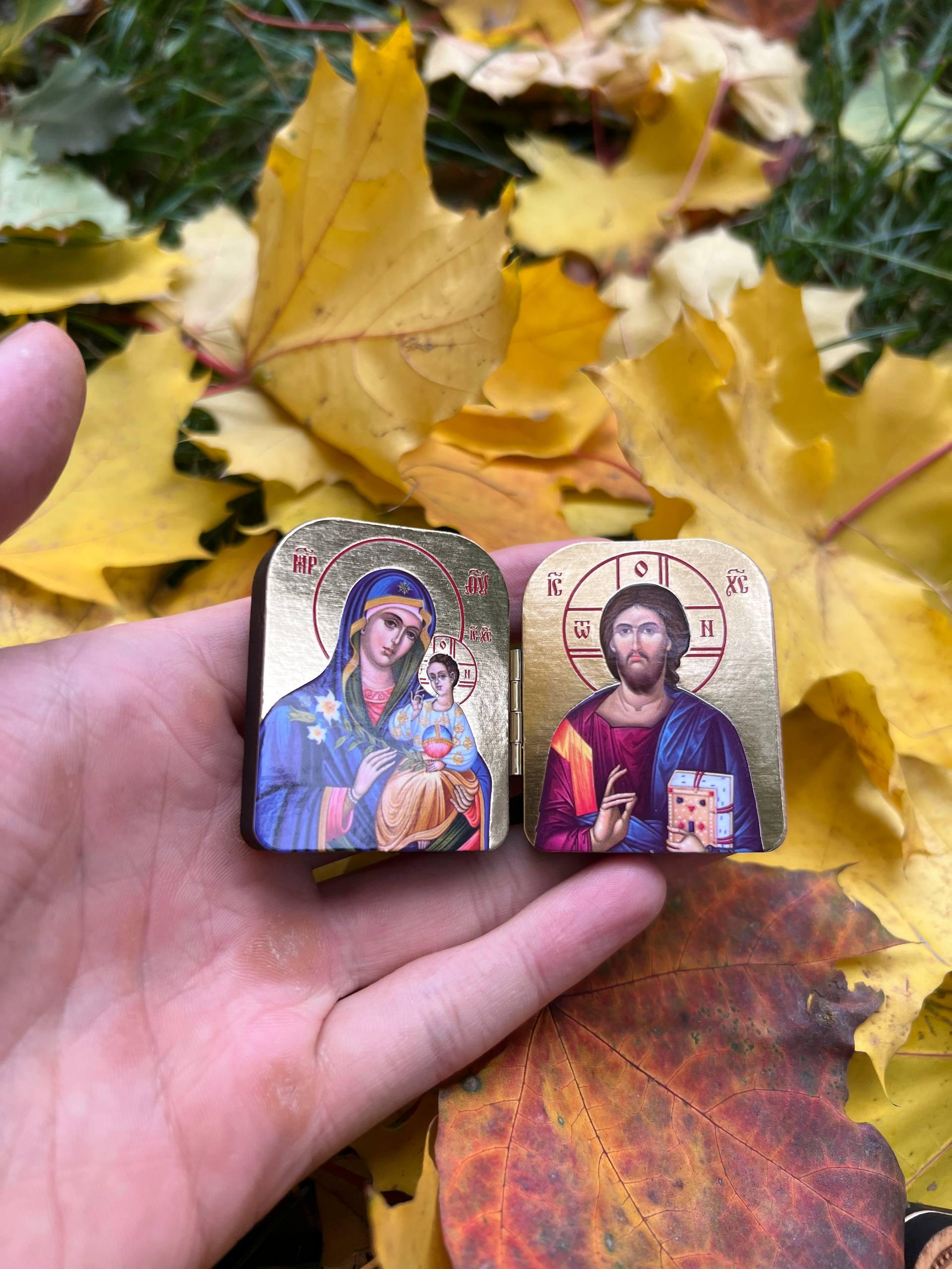 Christian Prayer Set, Blue Lotus Incense Burner with Candle, 50g Greek Incense, Folding icon 2x1.6in.