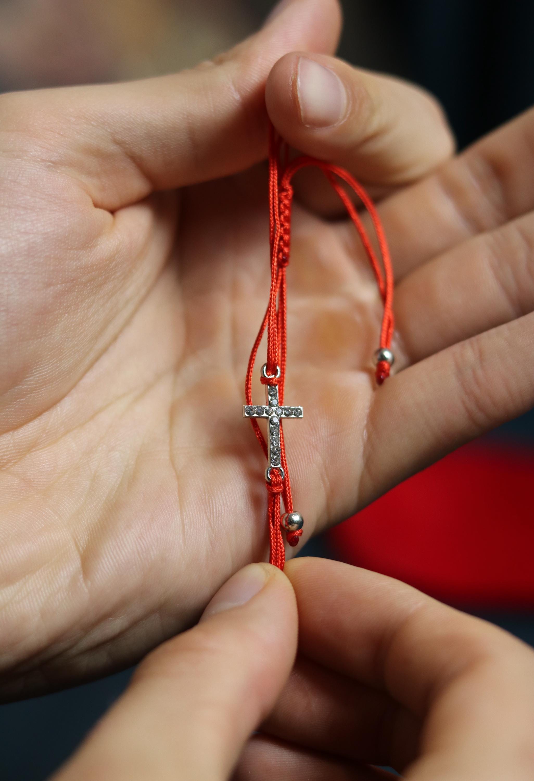 Red Cord Cross Bracelet – Adjustable Christian Bracelet with Silver-Tone Cross and Beads, Faith Jewelry Gift