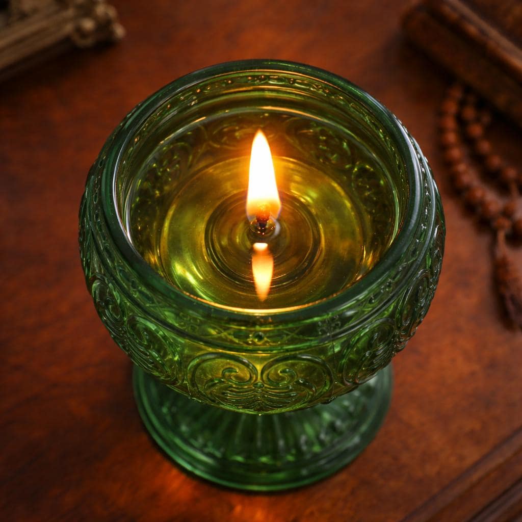 Orthodox Green Glass Oil Lamp 2.56 in, Prayer Candle Holder