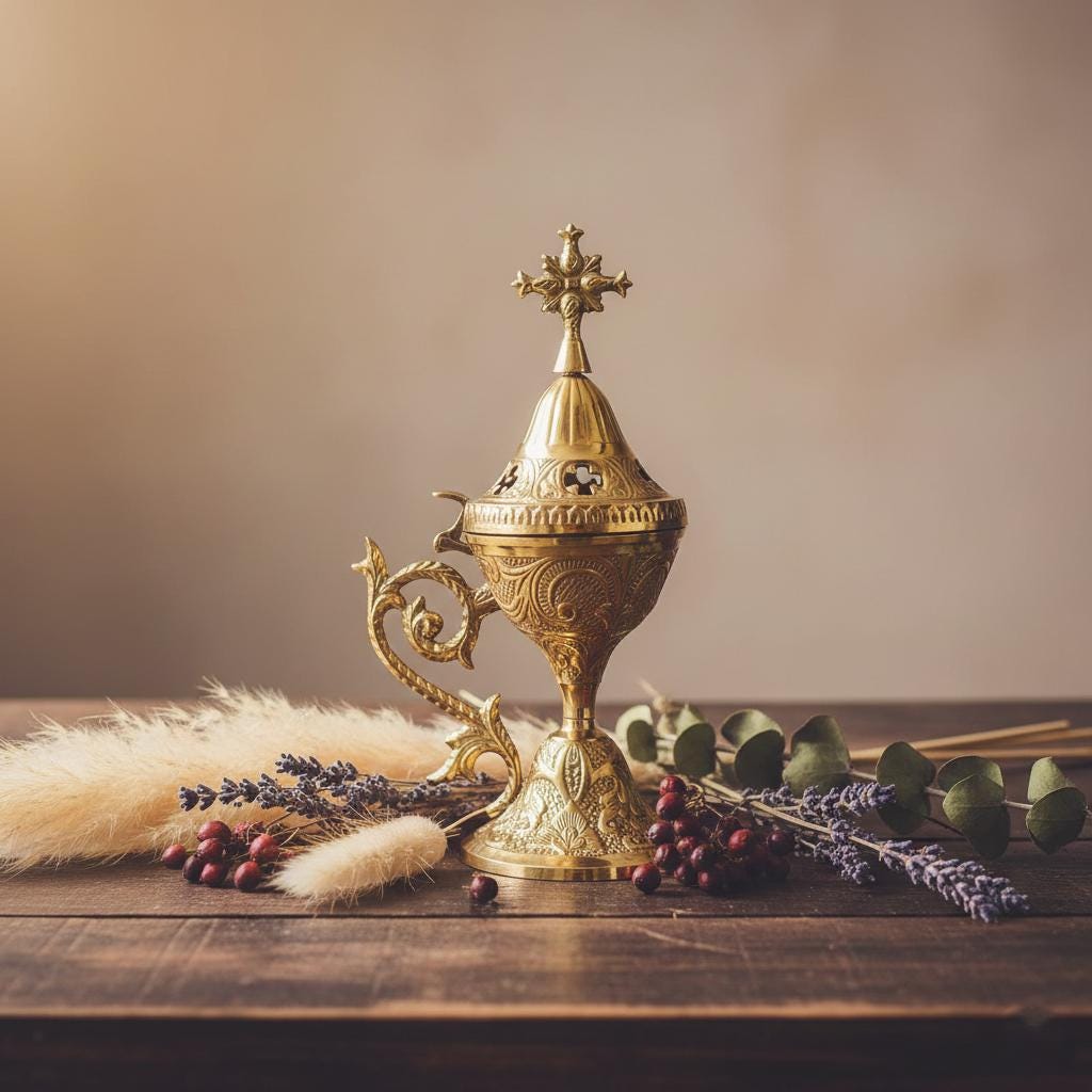 7.1in Carved Bronze & Nickel Plated Censer, Orthodox Censer, Church Incense Burner