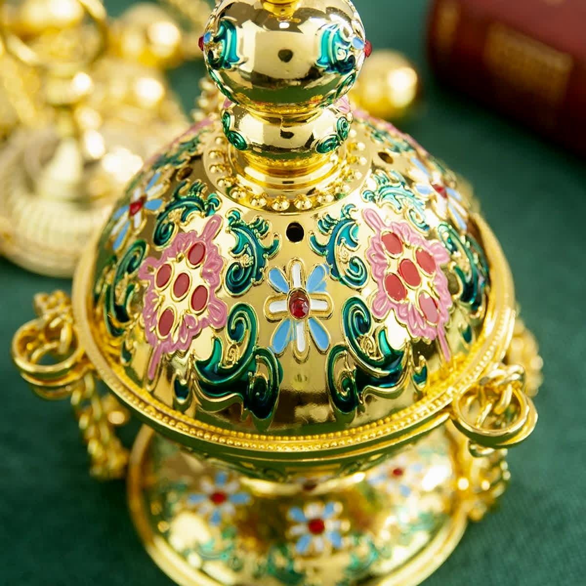 Orthodox Hanging Censer 25.2in | Brass Church Incense Burner with Bells | Enamel Design