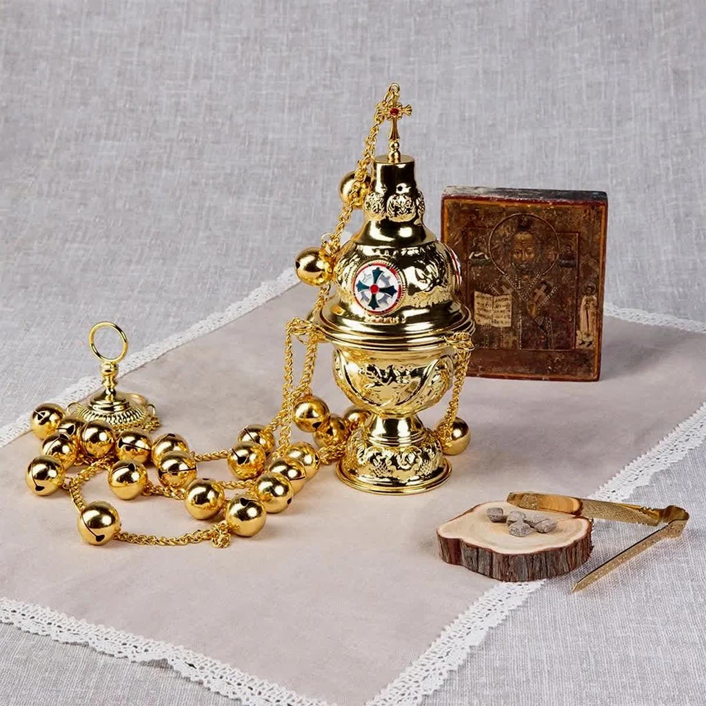 Gold Hanging Orthodox Censer 26in with 24 Bells | Brass Incense Burner | Designs with Cross or Saints (Jesus, Mary, Nicholas)