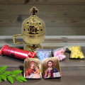 Christian incense set: gold ceramic censer, triptych icon, 50 grams of Greek incense, 6 pcs. of coal.