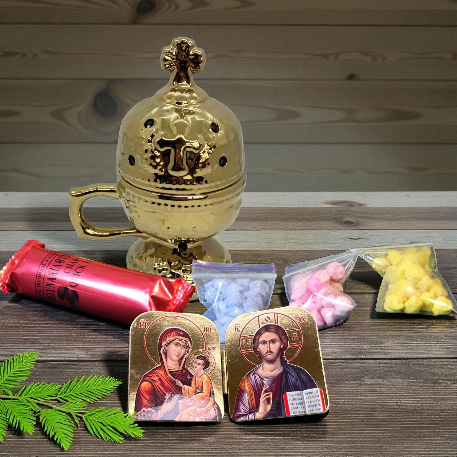Christian incense set: gold ceramic censer, triptych icon, 50 grams of Greek incense, 6 pcs. of coal.