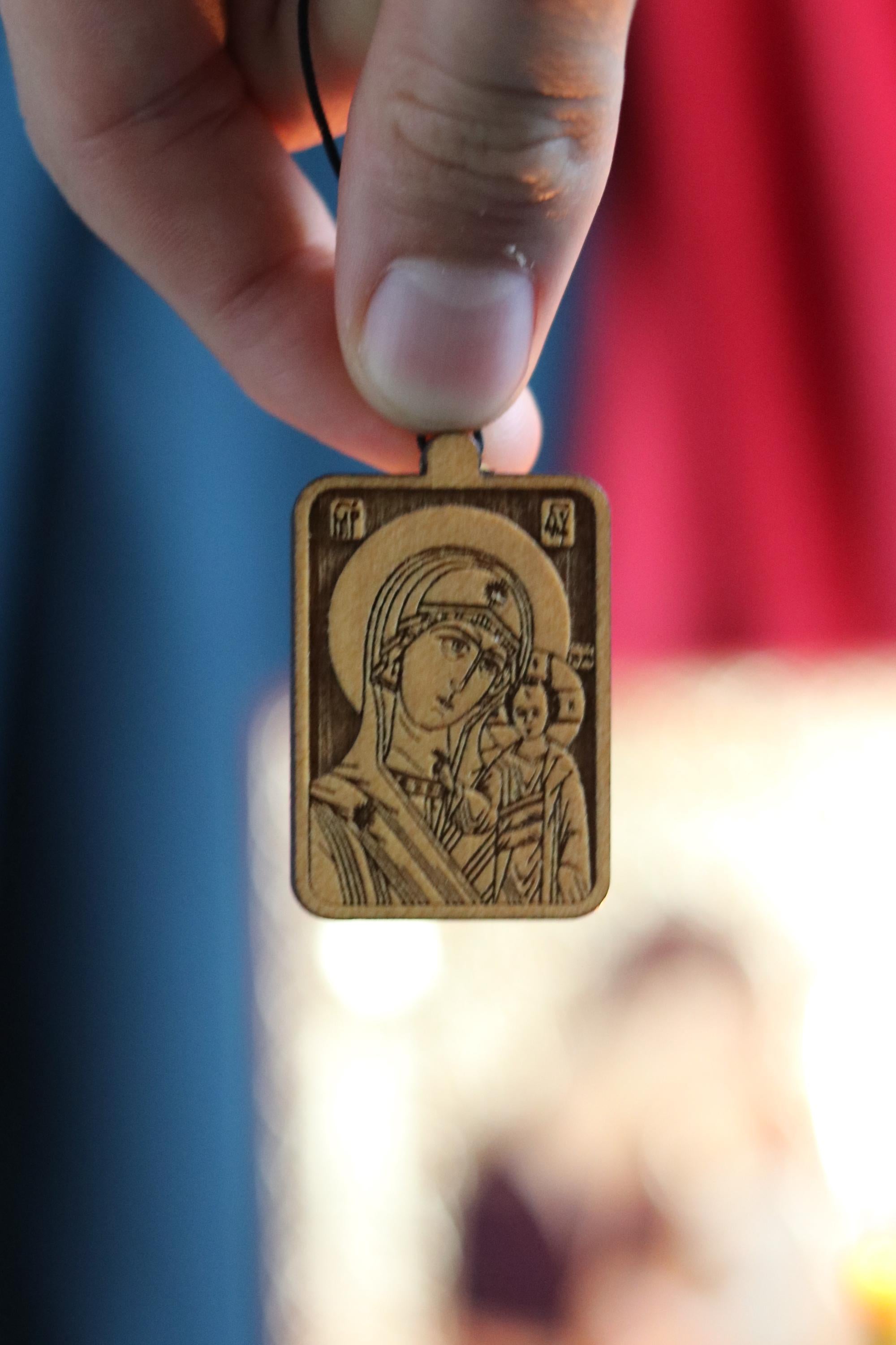 Orthodox Wooden Pendant – Icon of Theotokos with Christ – Burned Wood Necklace – Blessed Christian Medal, Crucifixes crosses, Wood cross