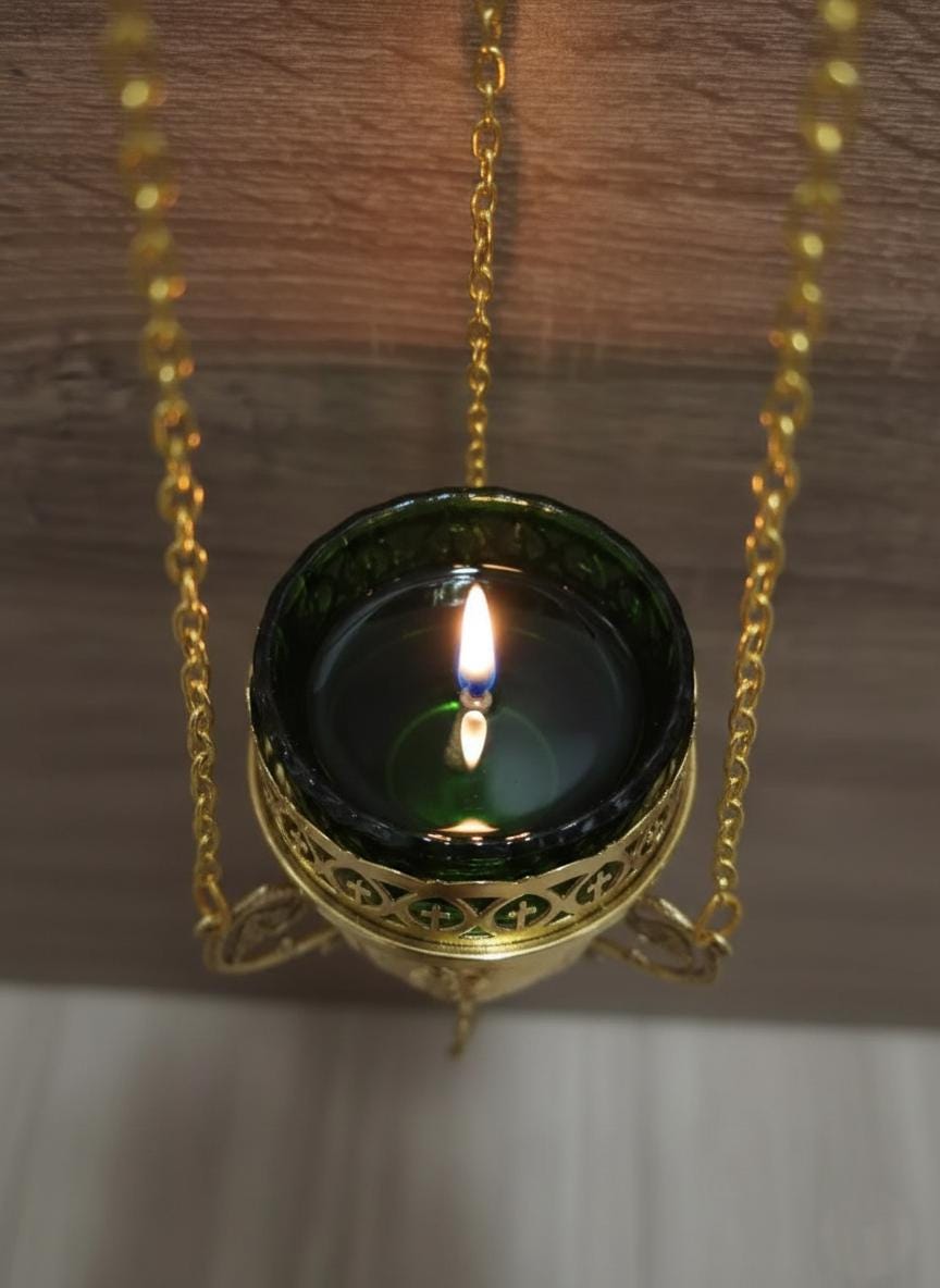 7.9 in Hanging Oil Lamp, Brass Orthodox Lampada, Icon Lamp, Greek Orthodox Lamp