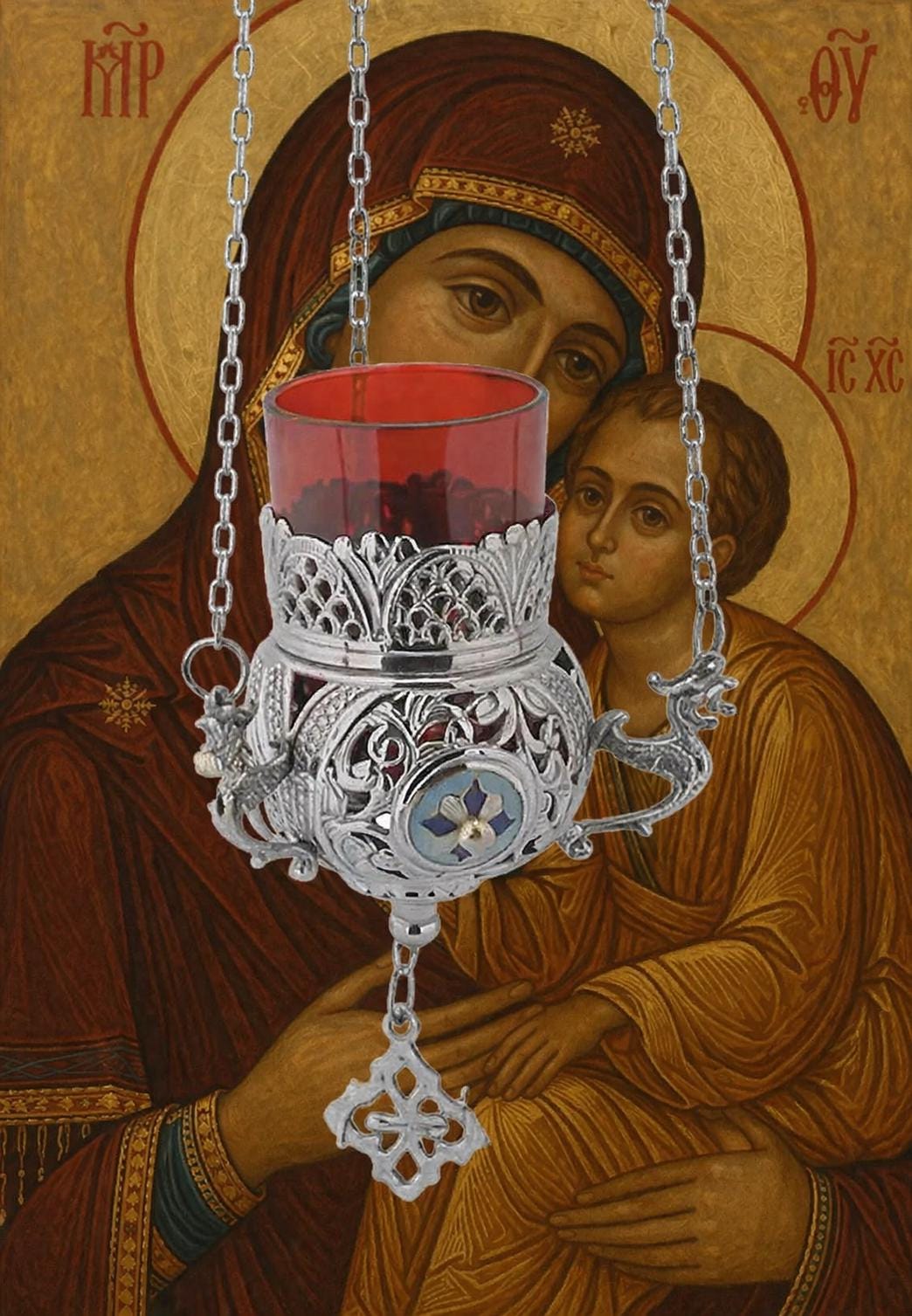 Brass Hanging Candle Holder Enamel Orthodox Lamp 4.3in Decor