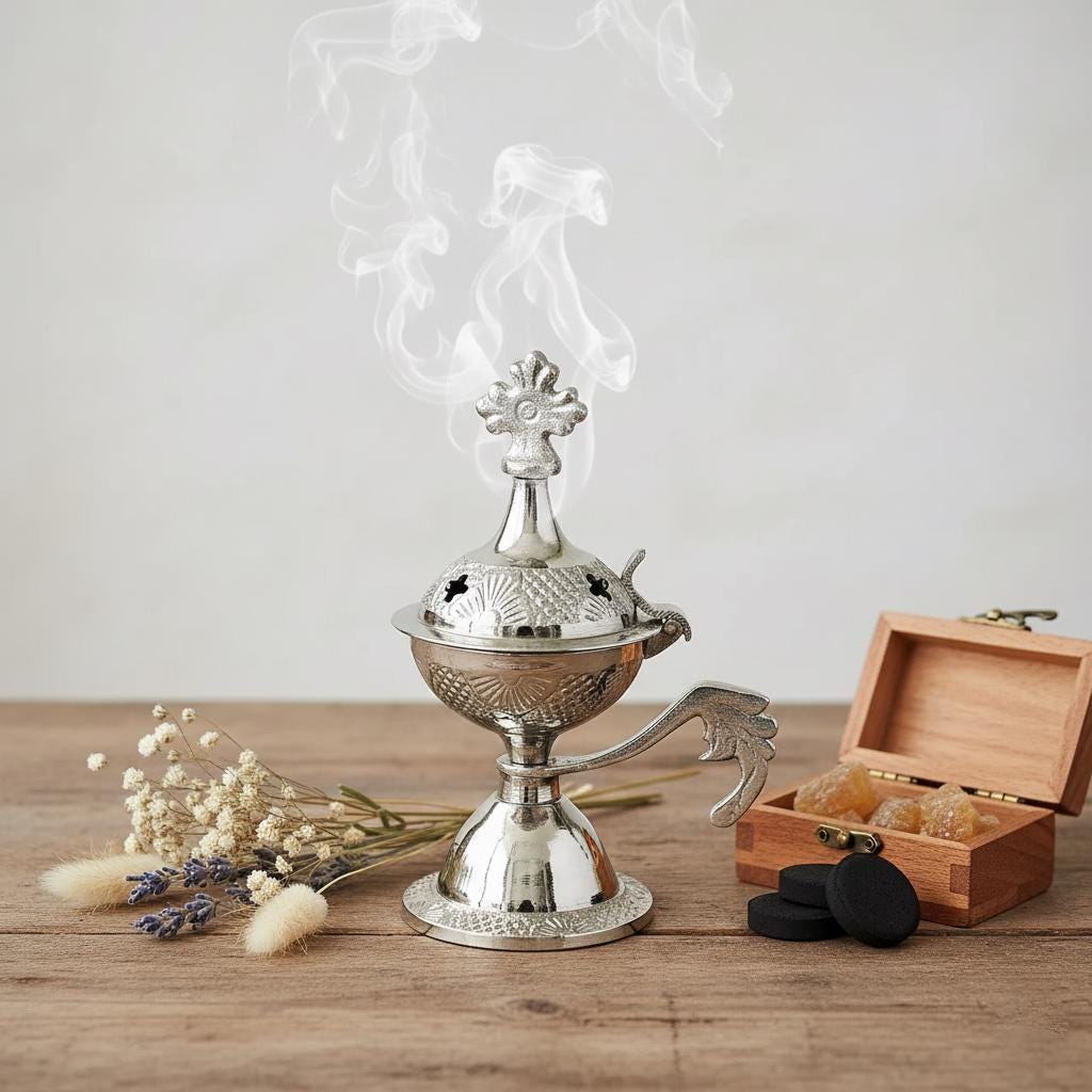 Small Silver Incense Burner 4.3in Set – Greek Orthodox Censer, 50g Greek Incense, 24mm Charcoal Tablets.