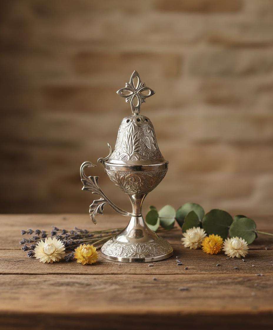 Silver Tone Orthodox Incense Burner 8in, Tall Greek Home Censer, Engraved Metal Censer, Byzantine Censer, Prayer Tool