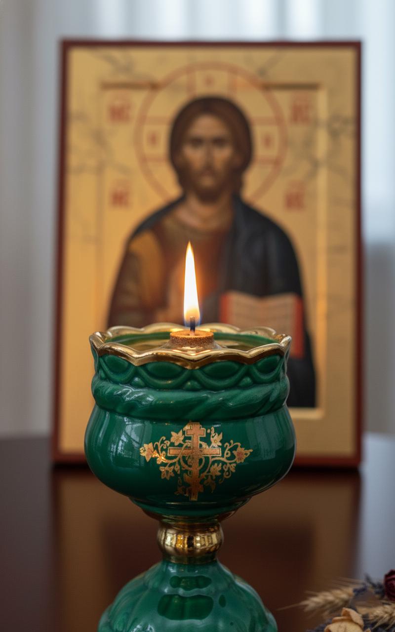 Christian green Ceramic Table Oil Lamp 5.5in. Set Includes: Lamp, floating wick, wick holder