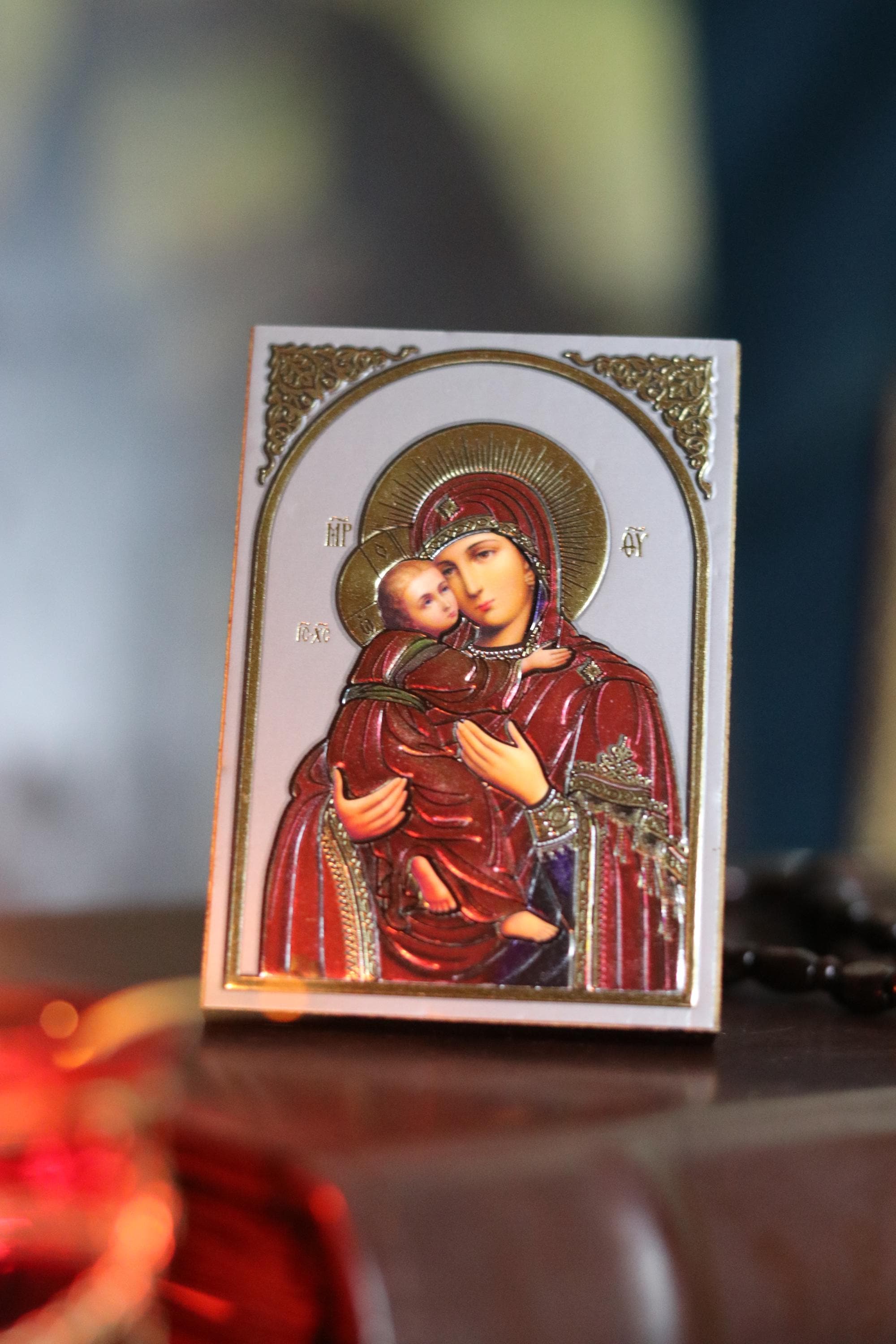Wooden Orthodox Virgin Mary Icon 3.3in, Mother Of God With Child, Small Prayer Icon