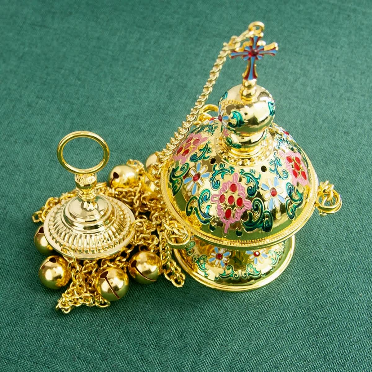 Orthodox Hanging Censer 25.2in | Brass Church Incense Burner with Bells | Enamel Design