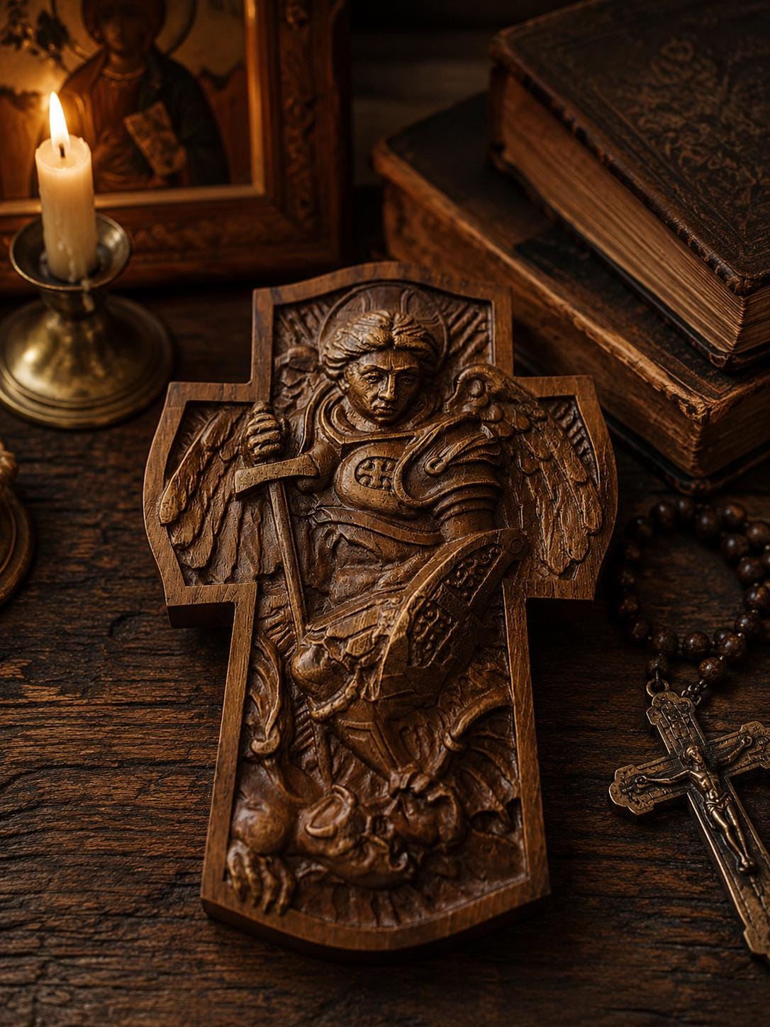 Wood Carved Archangel Michael Cross, Beech Wood Wall Cross, 7.9–19.7in
