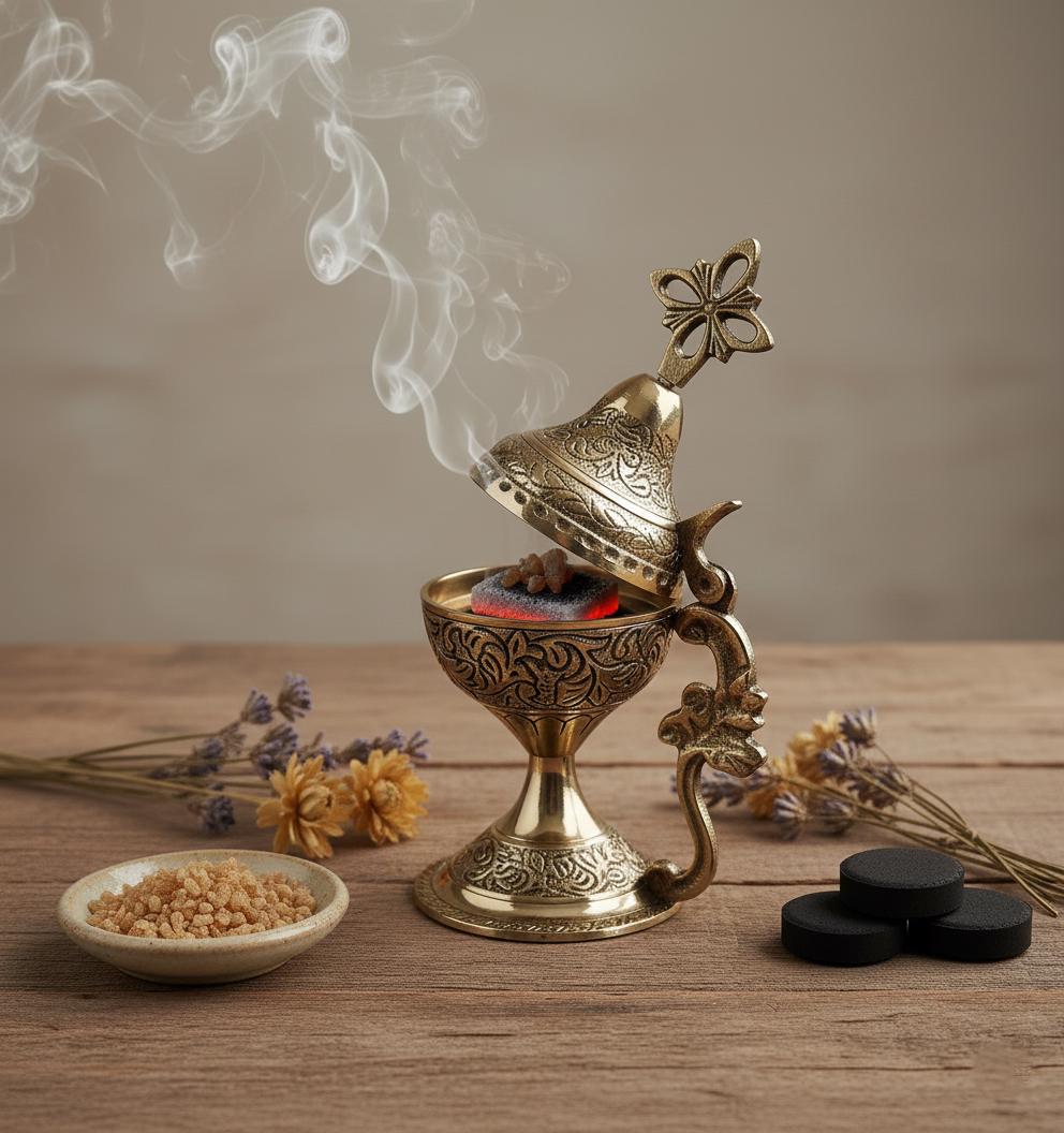 Orthodox Prayer Set: 5.5 in × 3.1 inch gold metal censer, 50 grams of incense, 6 charcoal tablets.