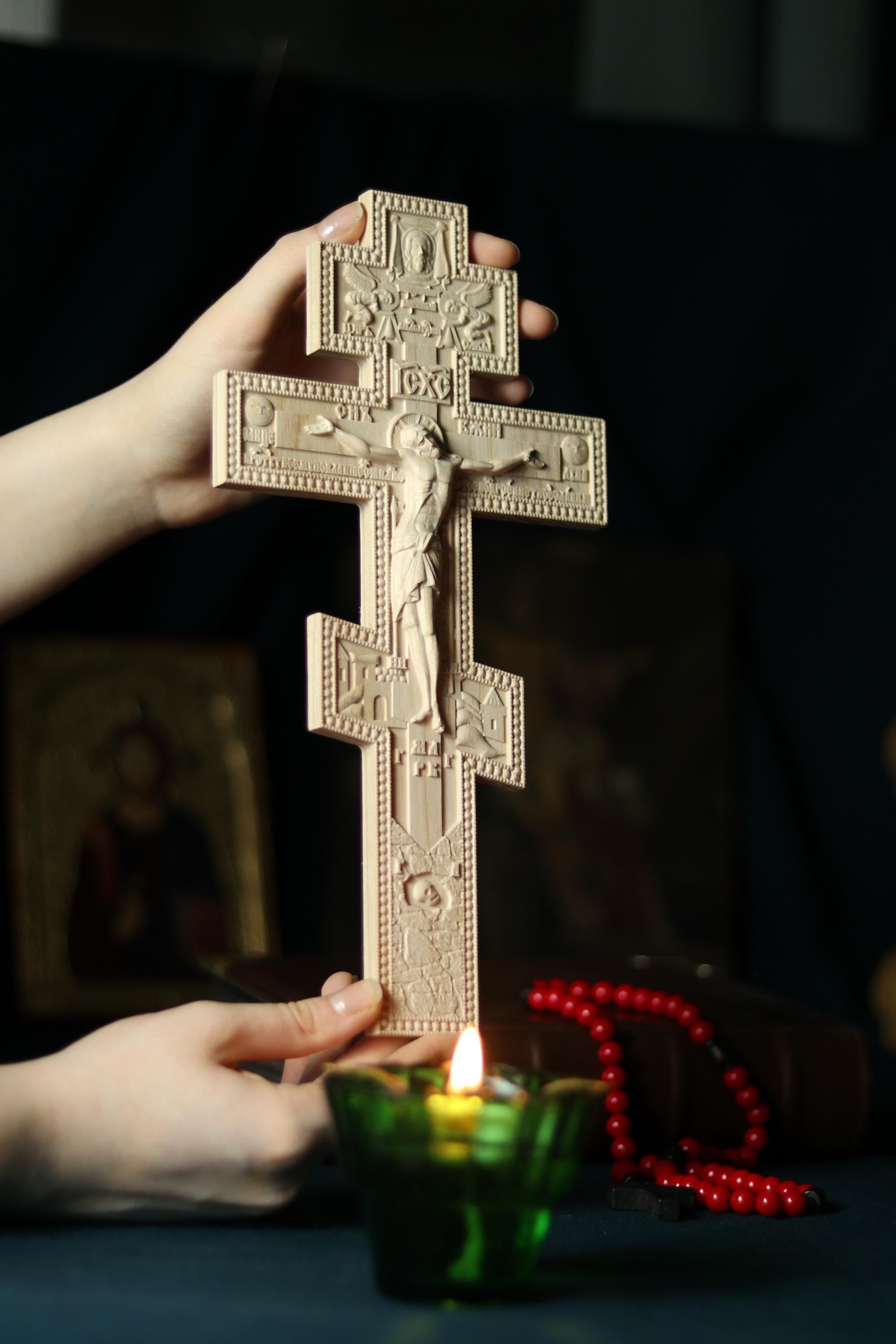 12in Beech Wood Cross, Orthodox Cross, Lord Jesus Christ