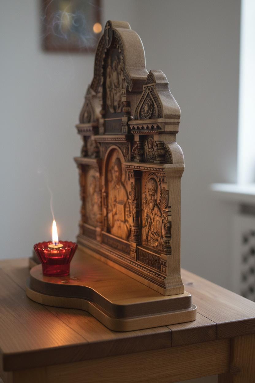 Wood Home Iconostasis 20 in, Stained and Lacquered, Orthodox Prayer Corner with Oil Lamp and Wicks, Jesus Christ Virgin Mary St Nicholas