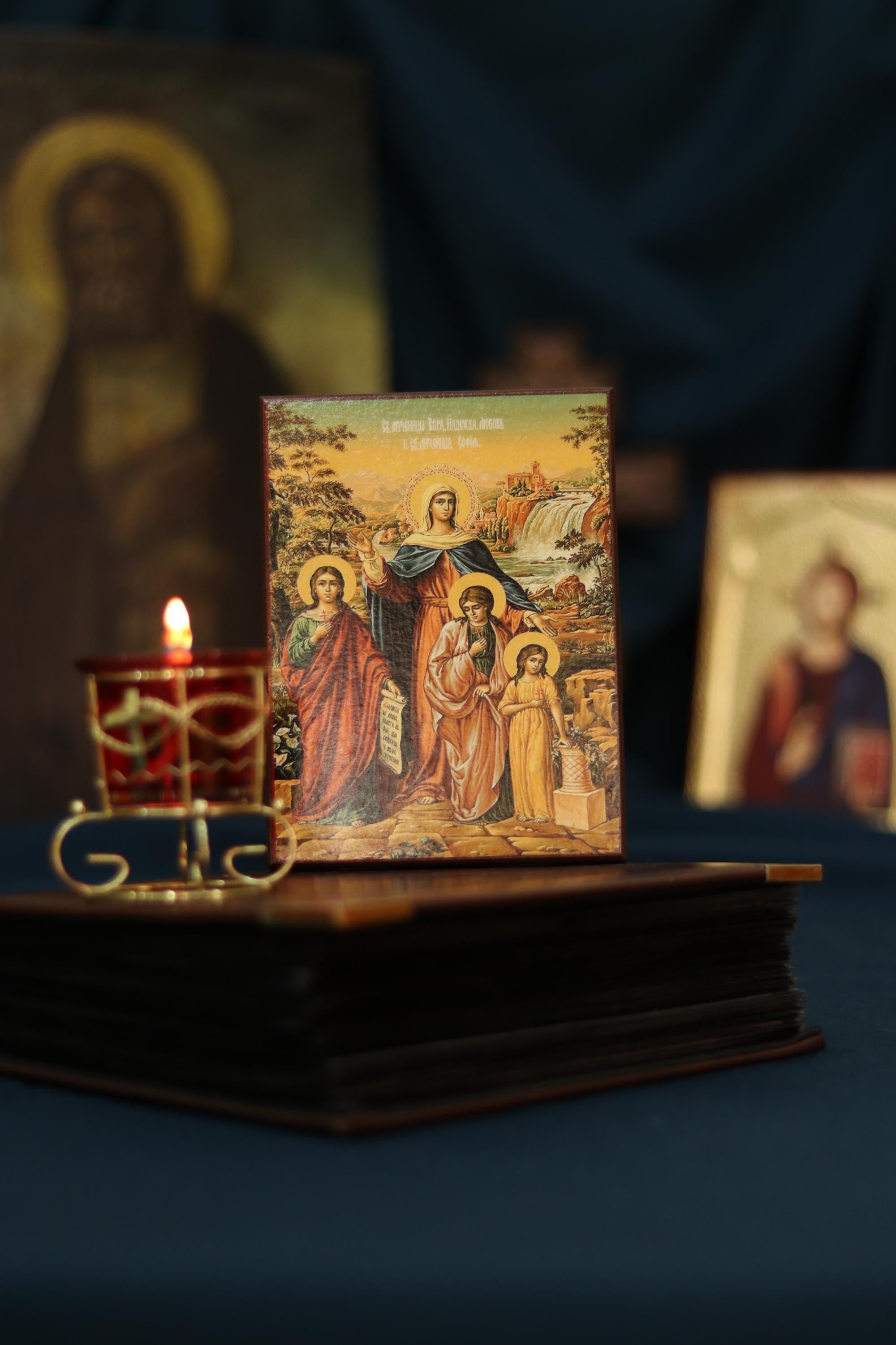 Saints Mother Sophia with Faith, Hope and Charity (Love) Icon Orthodox Wooden Plaque 6.3in