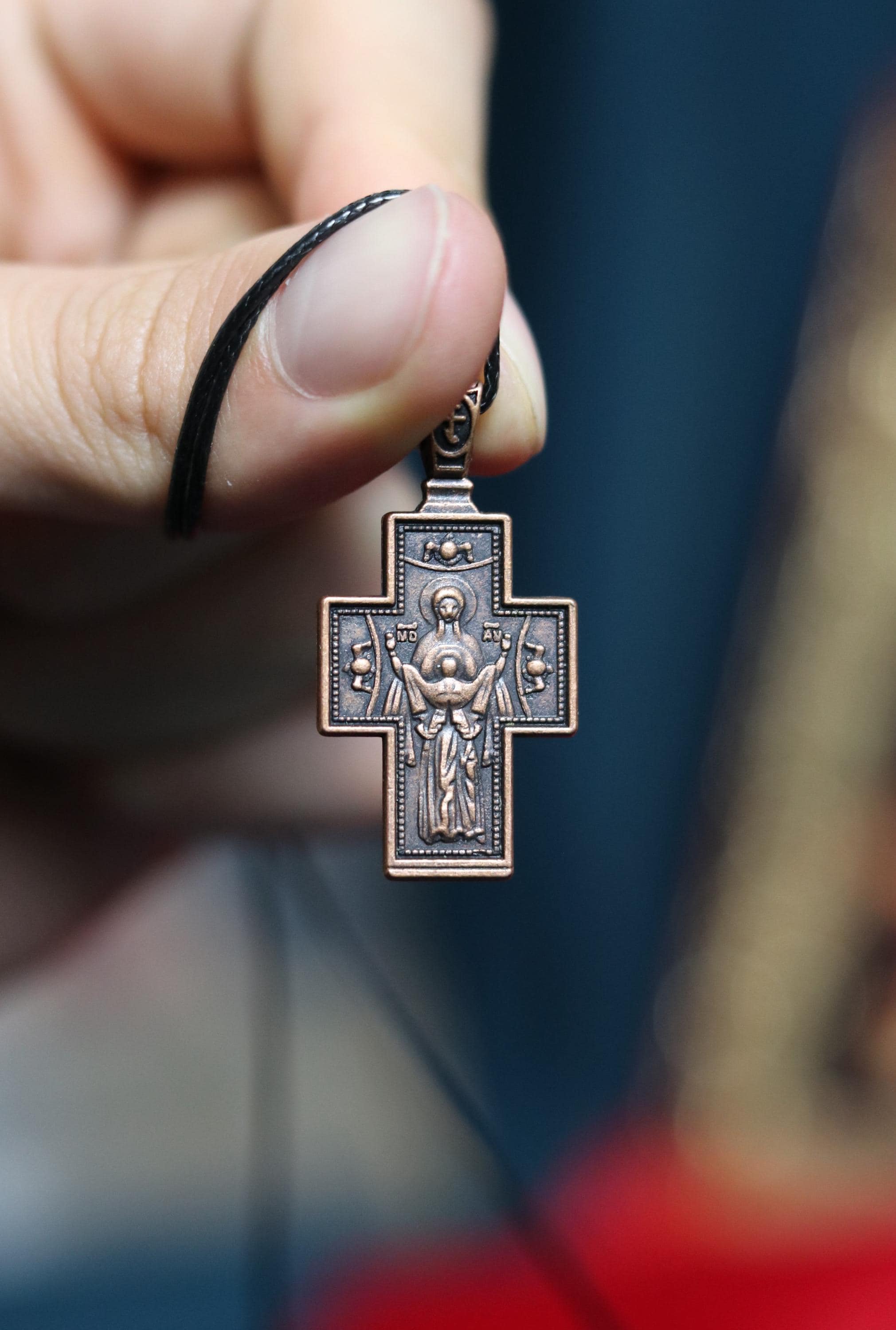 Orthodox Crucifix Necklace – Bronze Cross with Jesus – Back Virgin Mary “The Sign” – 0.7x1 in Pendant, Orthodox cross, Christian jewelry