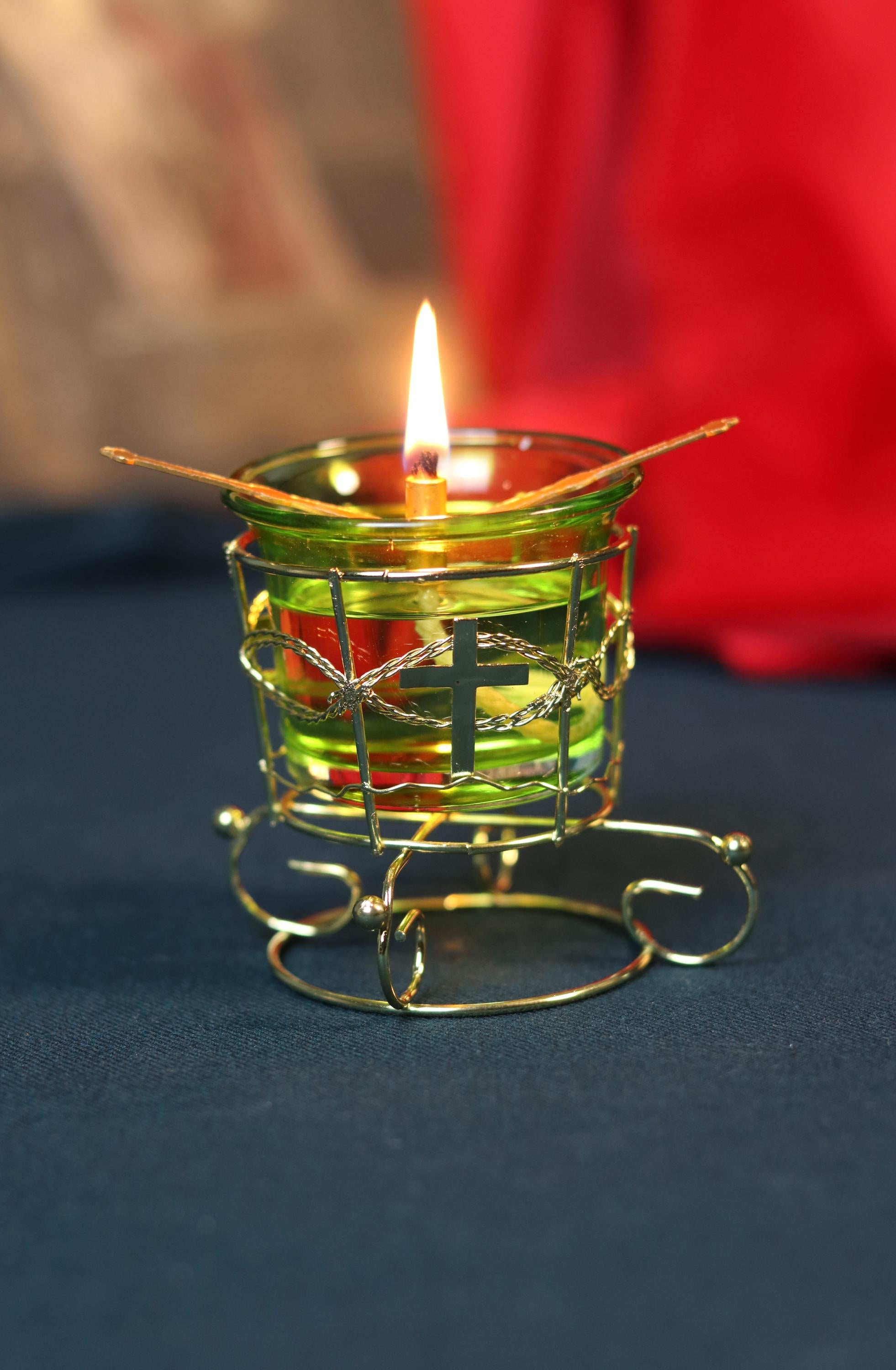Green Glass Oil Lamp in Metal Stand 2in  – Orthodox Candle Holder for Prayer, Aromatherapy, Altar Decor, Christian Gift, Orthodox prayer