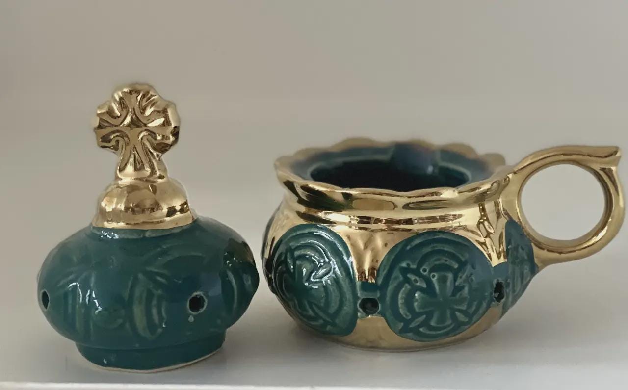 Christian incense set: green ceramic censer, triptych icon, 50 grams of Greek incense, 6 pcs. of coal.