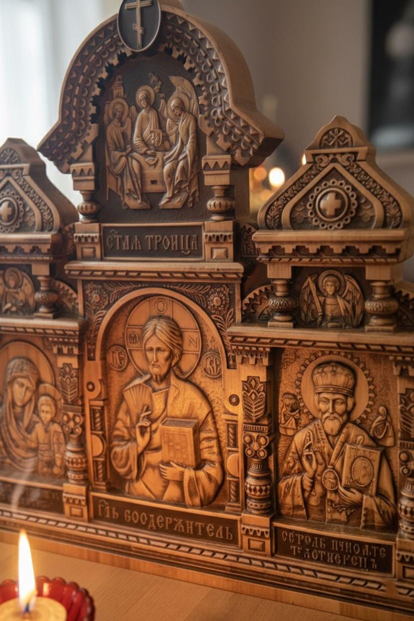 Wood Home Iconostasis 20 in, Stained and Lacquered, Orthodox Prayer Corner with Oil Lamp and Wicks, Jesus Christ Virgin Mary St Nicholas
