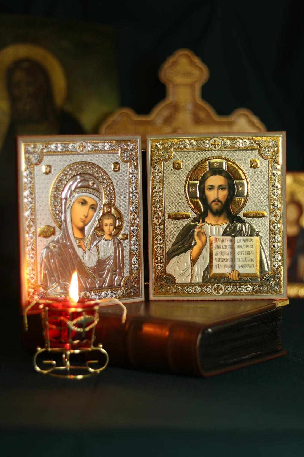 Mother of God Kazan and Savior Diptych Wooden Orthodox Icon 4.7in