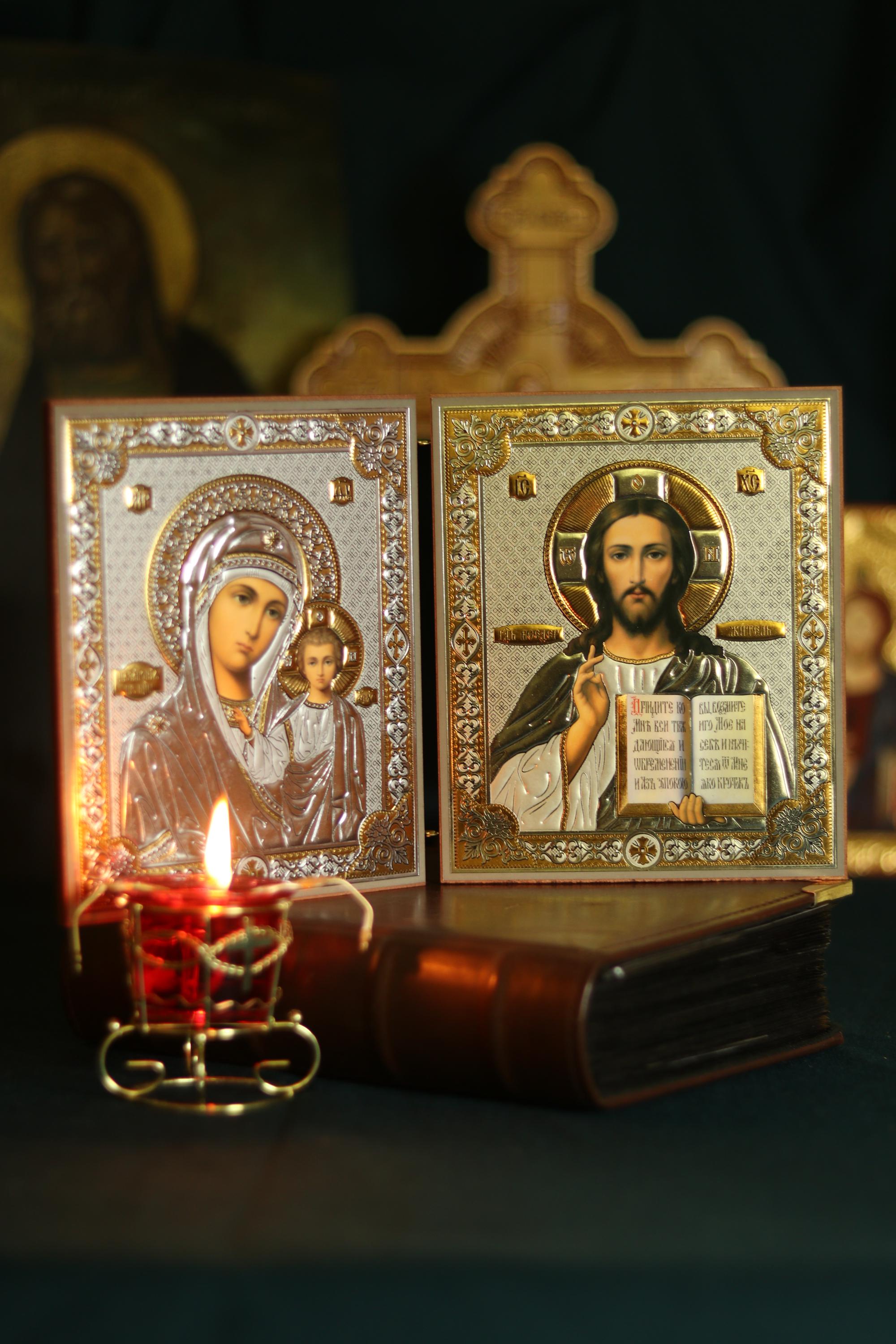 Mother of God Kazan and Savior Diptych Wooden Orthodox Icon 4.7in