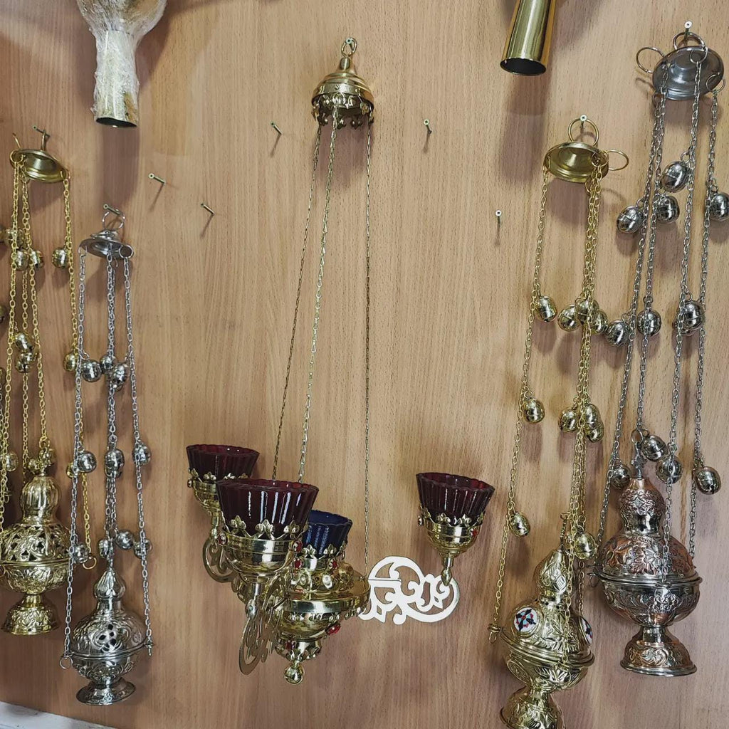 Brass Four-Light Hanging Lampada, Orthodox Chandelier, Greek Church Lamp