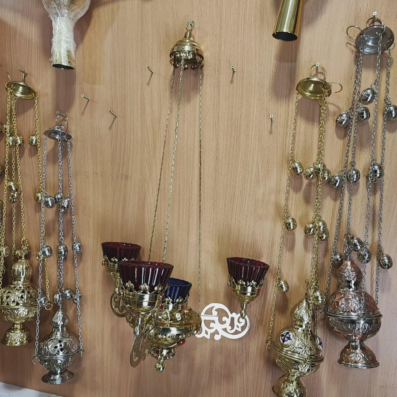 Brass Four-Light Hanging Lampada, Orthodox Chandelier, Greek Church Lamp
