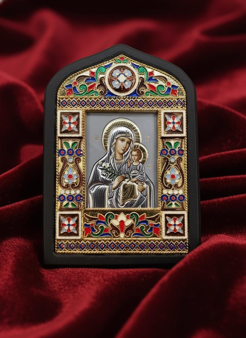 Icon Unfading Bloom Virgin Mary Metal Enamel Wood 4.5x3.1in
