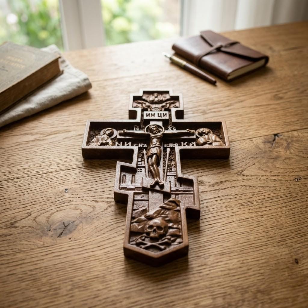Orthodox Wooden Crucifix, Handcrafted Natural Wood Cross