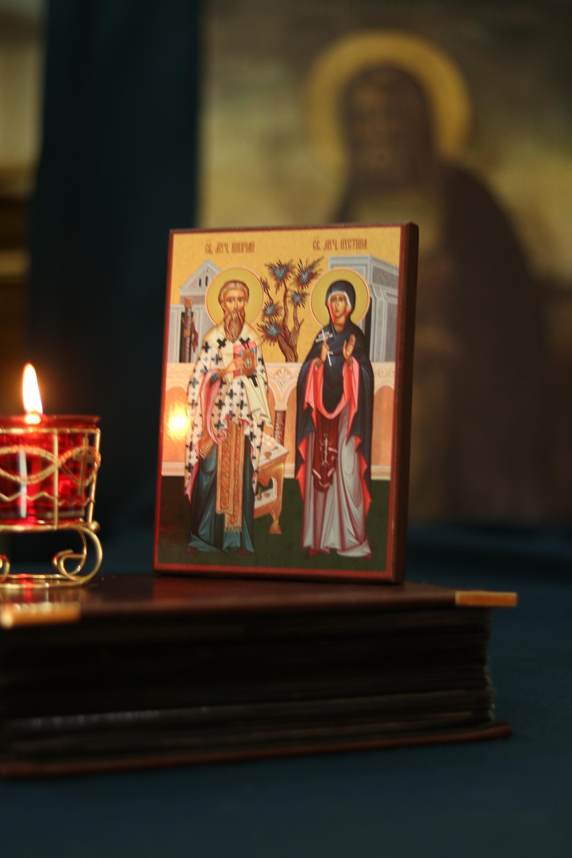 Wooden Orthodox Icon 6.3x4.7 in Saints Cyprian and Justina, Home Altar Decor, Christian Gift
