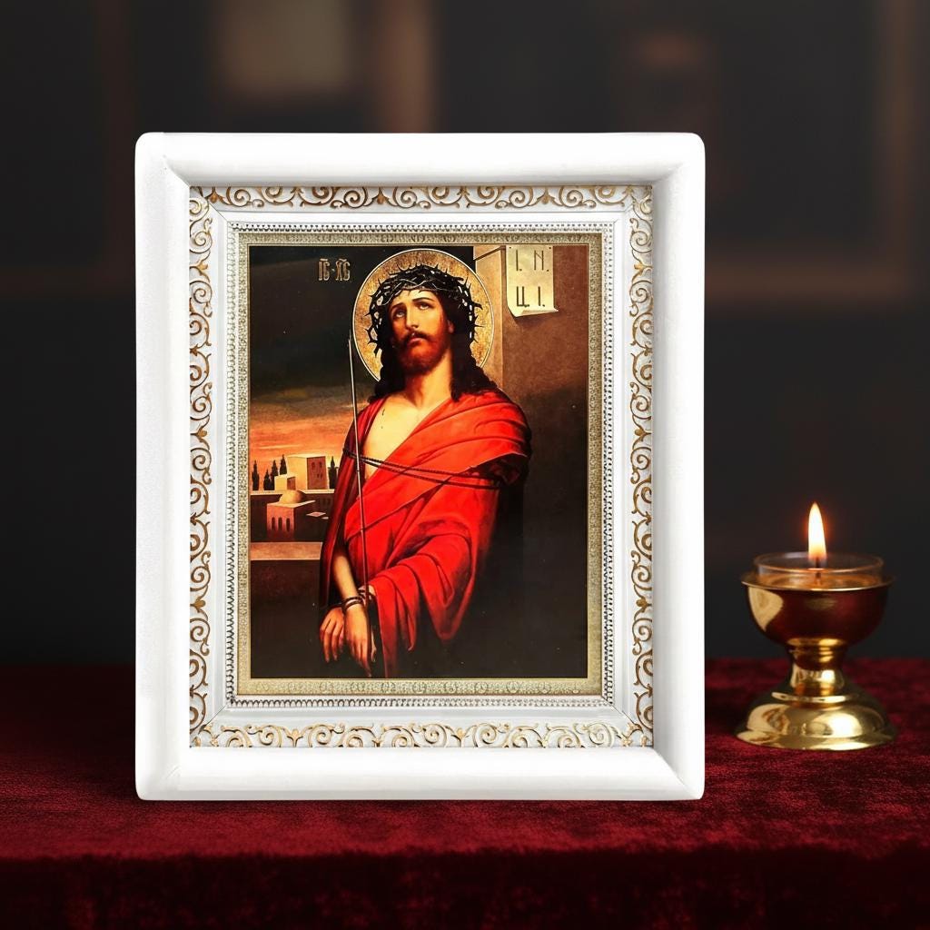 Orthodox Icon Jesus Christ 15x18 cm in White Wooden Kiot 21x24 cm, Hanging Icon, Orthodox Christian Gift, Icon in a Frame