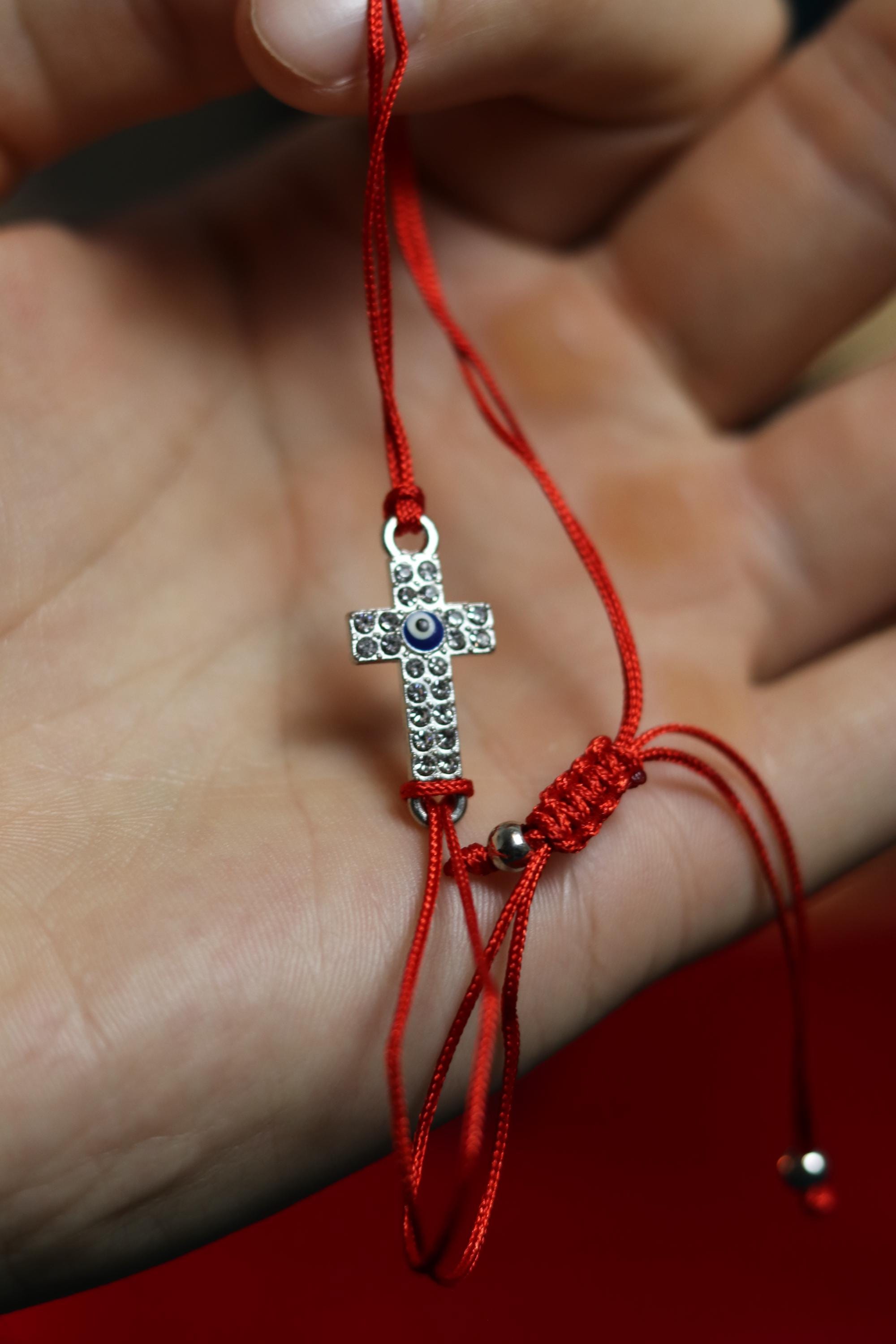 Red Cord Cross Bracelet – Adjustable Christian Bracelet with Silver-Tone Cross and Beads, Faith Jewelry Gift