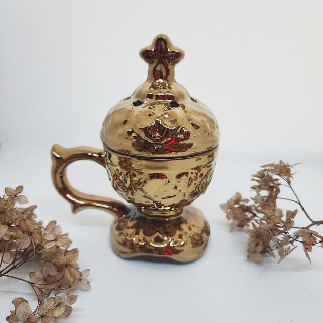 Ceramic Incense Set 5.3 in, Orthodox Censer, Greek Incense & Charcoal, Christian Gift Set, Home Prayer Decor