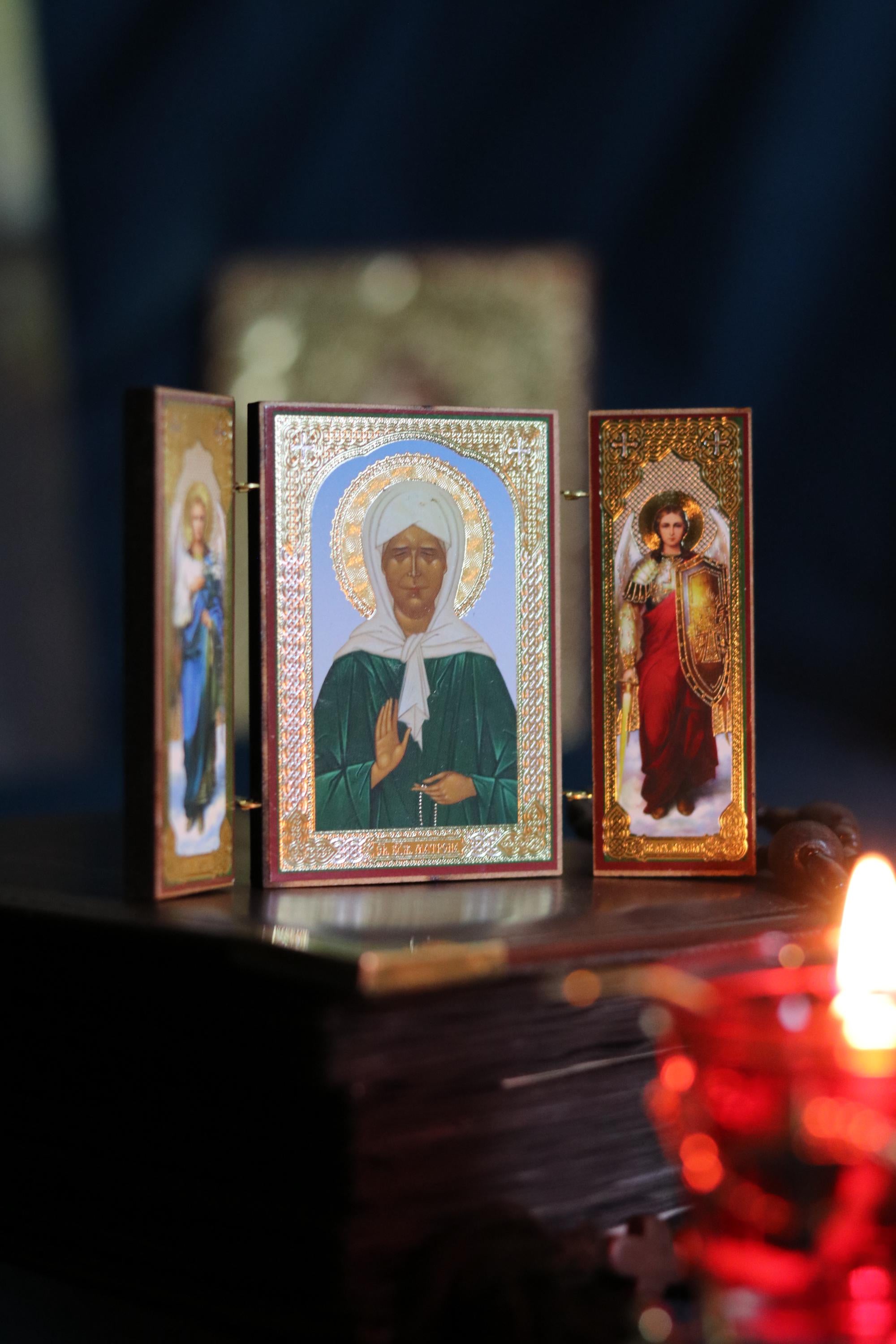 Saint Matrona Icon, Wooden Orthodox Triptych Icon 3.5in, Folding Travel Icon